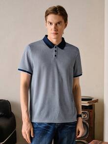 Men Blue Color Summer Celebration Season Navy Contrast Collar Vertical Striped Textured Polo Shirt For Knitted, Plain Short Sleeve - Blue - View 7