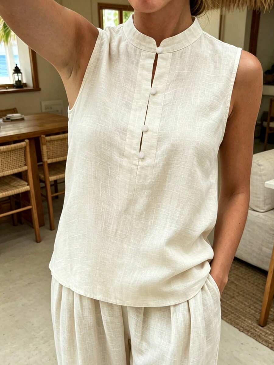 EMERY ROSE Women's Solid Color Mandarin Collar Casual Versatile Daily Wear Shirt - Apricot - View 1