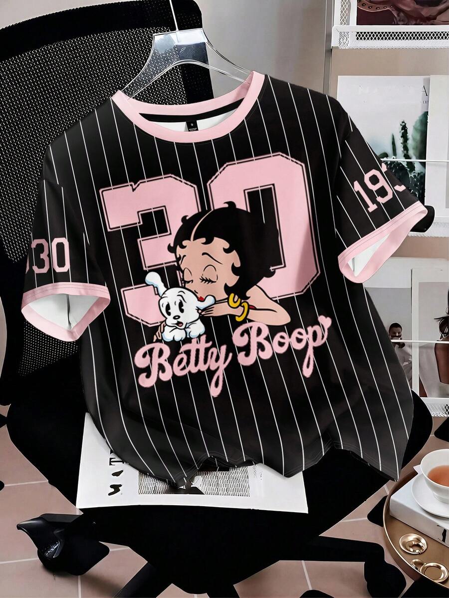 Betty Boop x SHEIN SHEIN Attitoon 女士休闲简约圆领短袖宽松T恤 - 彩色 - 查看 1