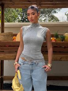Muchica Áo camisole thời trang nữ cổ đứng phối ren tương phản ôm dáng. - Xám - Xem 5