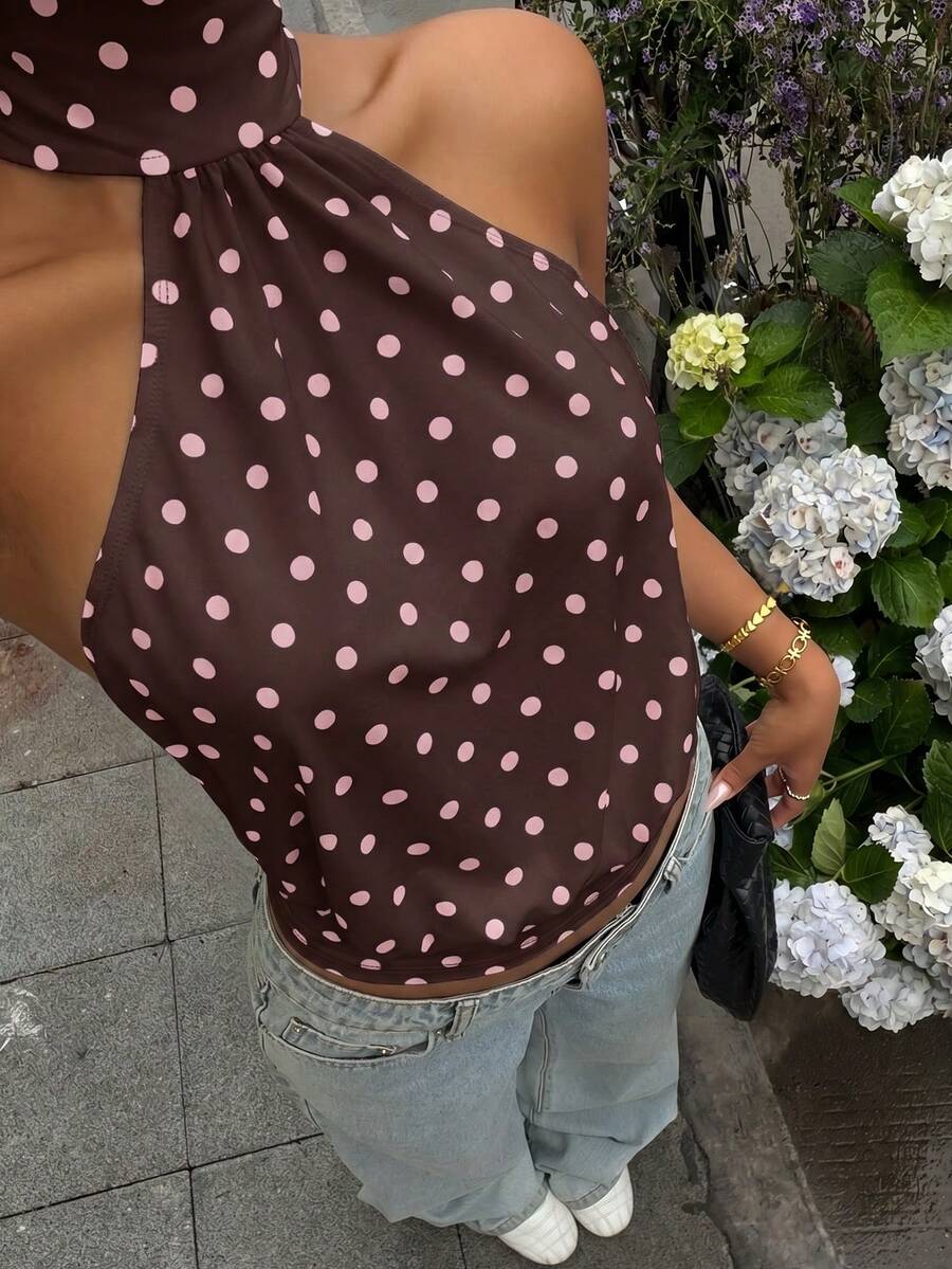 Muchica Pink And Brown Polka Dot Background Polka Dot Halter Neck Tank Top For Women,Summmer Top Party Elegent - Brown - View 1