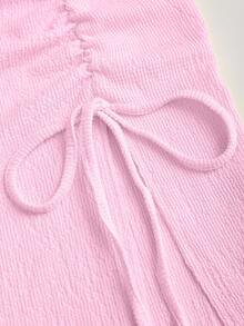 Sweetra Conjunto de 2 piezas con top corto con hombro asimétrico fruncido de unicolor y falda con cordón - Rosa - Ver 4