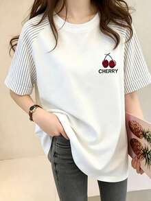INAWLY Women's Casual Striped Patchwork Cherry Print T-Shirt, Summer - White - View 1