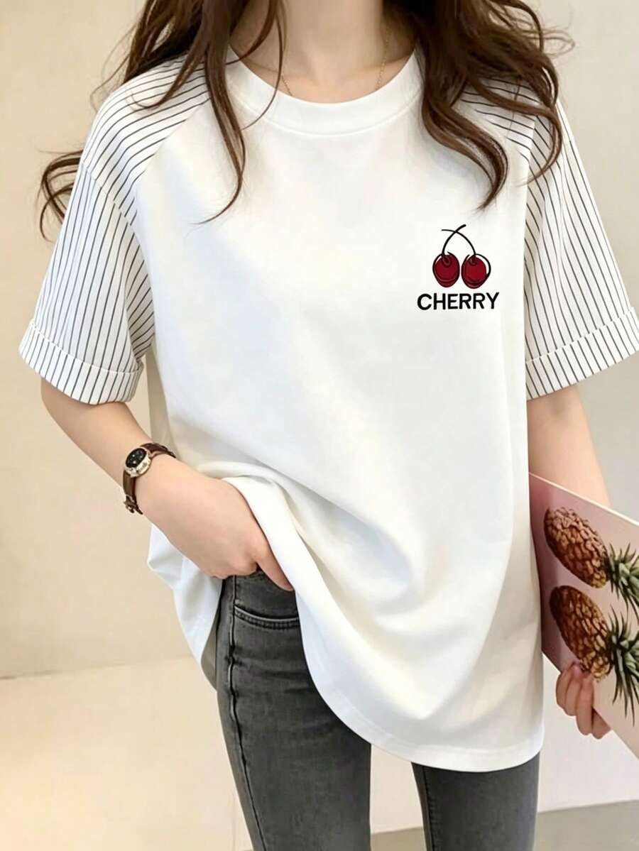 INAWLY Women's Casual Striped Patchwork Cherry Print T-Shirt, Summer - White - View 1