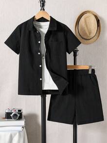 SHEIN 2pcs Tween Boy Fashion Versatile Single-Breasted Short Sleeve Shirt And Casual Pocket Shorts Set - Black - View 7