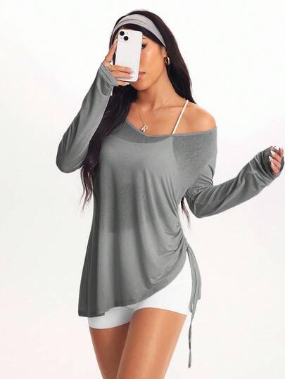 Eassivo Eassivo Women's Casual Solid Color Side Drawstring Long Sleeve Sports T-Shirt, Autumn Long Workout Shirts For Women Work Out Cover Up Top Loose Workout Top Workout Tops Women Loose Blouse Gym