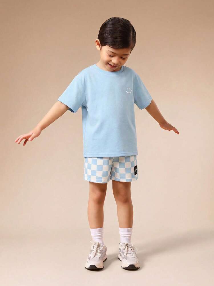 Checkerboard Co-Ord Set Boys Short Sleeve Tee With Matching Shorts Face Embroidered Summer Casual Coordinate