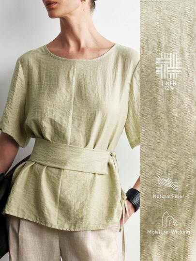 Aalyst 女士夏季外出、约会、新年、情人节、复活节、母亲节、音乐节、中东风情、婚礼、优雅、复古、休闲、通勤、浪漫、度假亚麻圆领收腰宽松常规短袖衬衫，绿色