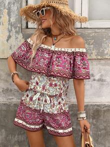 Brillora Setelan 2 Potong Wanita Motif Bunga Boho, Atasan Bahu Terbuka Berkerut dan Celana Pendek Bertali Serut, Warna Beige, Pakaian Kasual Liburan Pantai Musim Panas - Purple - View 13