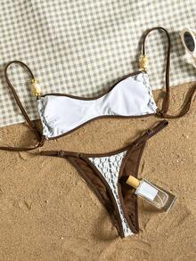 Swim Mod 女士三件套泳装，夏季沙滩装，棕色系列，采用弹力网格面料，深V领设计，花卉刺绣点缀，可调节露背设计，弹力网格长裙饰有花卉刺绣点缀，套装 - 彩色 - 查看 2