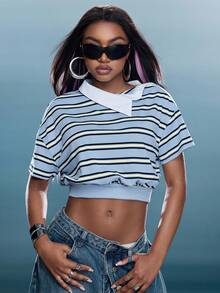 Asymmetrical Collared Neckline Striped Polo Top Fashionable Streetwear Cropped Polo Top - Blue - View 9