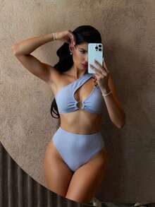 Swim SXY Conjunto de bikini de un solo color con abertura asimétrica, para el verano - Celeste - Ver 5