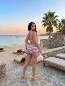 Slaydiva 2026 休闲海滩度假性感镂空金属装饰针织比基尼套装，条纹纹理，短款 - 紫色 - 查看 3