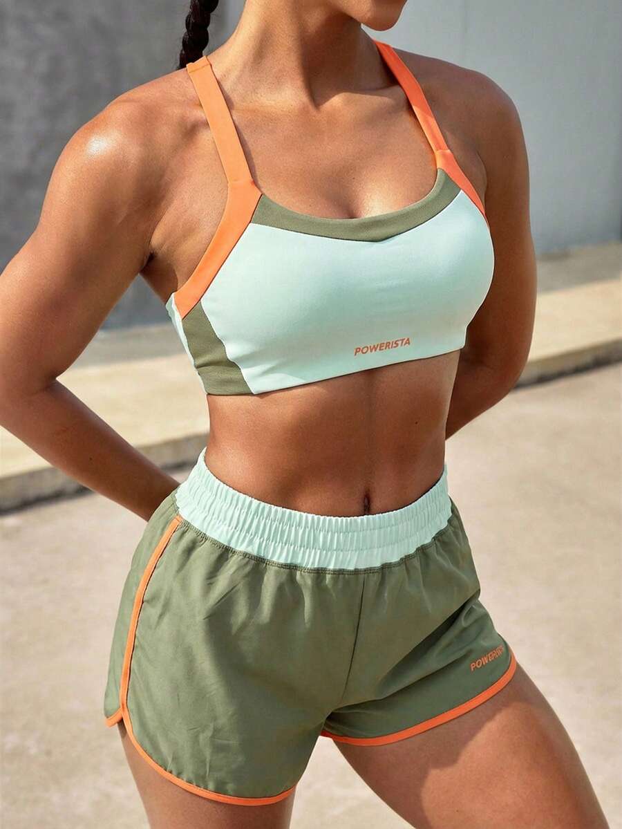 Powerista Women's Letter Print Cropped Tank Top And Pocket Shorts Sports Set Spring&Summer Exercise And Body Shaping, High Elasticity, Suitable For Multiple Sce