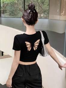 Tideelle Áo thun nữ tay ngắn khoét hình bướm hở vai - màu đen - Xem 3