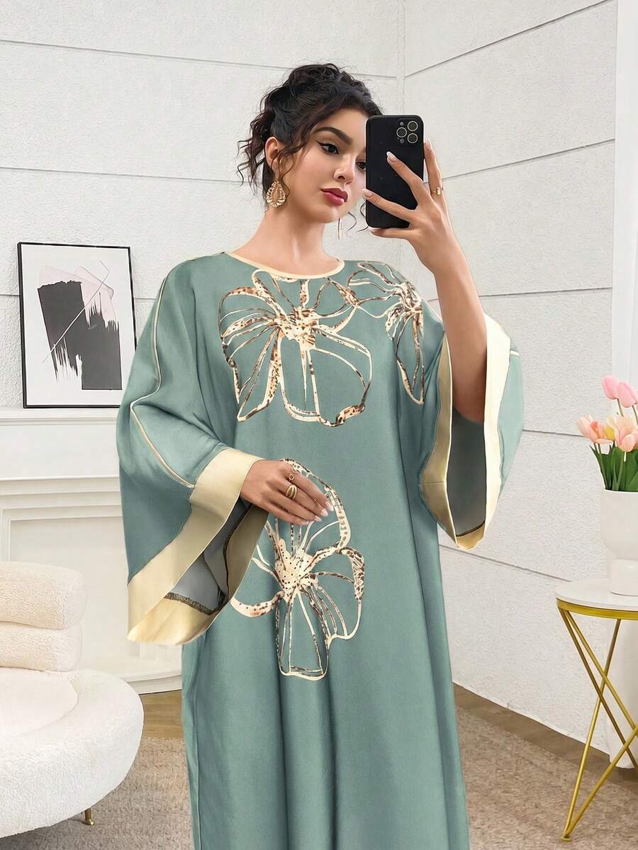 Al Najma Women's Casual Floral Print Round Neck Dress, Suitable For Gatherings And Outings - Green - View 1