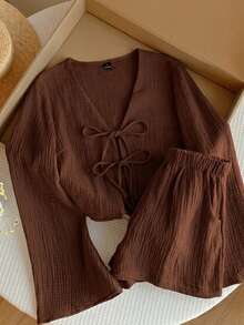 SHEIN EZwear 女士棕色休闲系带长袖上衣和短裤家居服套装 - 棕色 - 查看 5