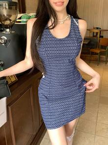 Joudiya Women's All-Over Print Round Neck Sleeveless Casual Denim Dress For Summer - Medium Wash - View 5