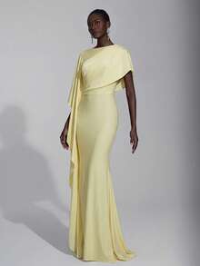 Elitara Elegant Luxurious Satin Ruffle Sleeve Decor Sexy Slit Fishtail Bridesmaid Dress - Yellow - View 4
