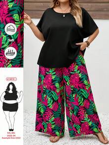 SHEIN CURVE+ 大码两件套音乐节、海滩度假波西米亚风女式宽松衬衫和碎花裤套装，夏季服装 - 彩色 - 查看 1