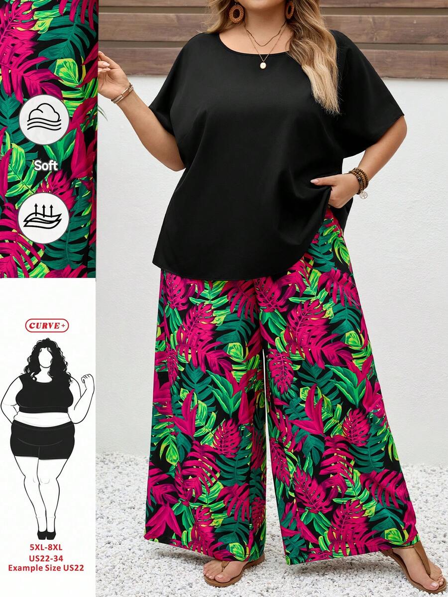SHEIN CURVE+ 大码两件套音乐节、海滩度假波西米亚风女式宽松衬衫和碎花裤套装,夏季服装 - 彩色 - 查看 1