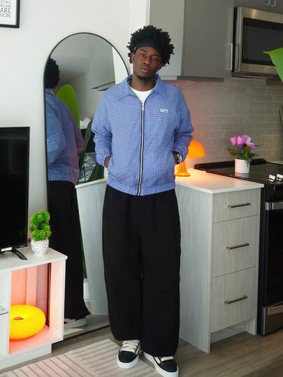 Harrin Don Harrin Don 男士休闲夹克，INS 街头潮流格子拉链宽松夹克，适合所有季节，适合音乐节和日常穿着，送给男朋友/丈夫的礼物，Y2K 风格，蓝色夹克，蓝色飞行员夹克，格子夹克，拉链夹克，秋季