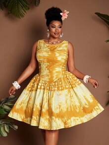 Maweii Vestido plus size com cintura franzida, decote redondo, sem mangas, para praia, férias e estampa sexy de Halloween. - Amarelo - Ver 3