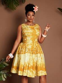Maweii Vestido plus size com cintura franzida, decote redondo, sem mangas, para praia, férias e estampa sexy de Halloween. - Amarelo - Ver 4