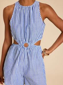 Travachic Bộ jumpsuit nữ không tay, khoét eo, kẻ sọc, thích hợp cho kỳ nghỉ, trang phục mùa hè cho phái nữ, jumpsuit mùa hè. - Xanh và trắng - Xem 6