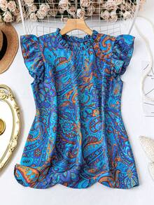 EMERY ROSE Plus Size Women's Sweet Elegant Ruffle Collar Cap Sleeve Ditsy Floral Loose Blouse, Suitable For Vacation And Daily Wear - Blue - View 1
