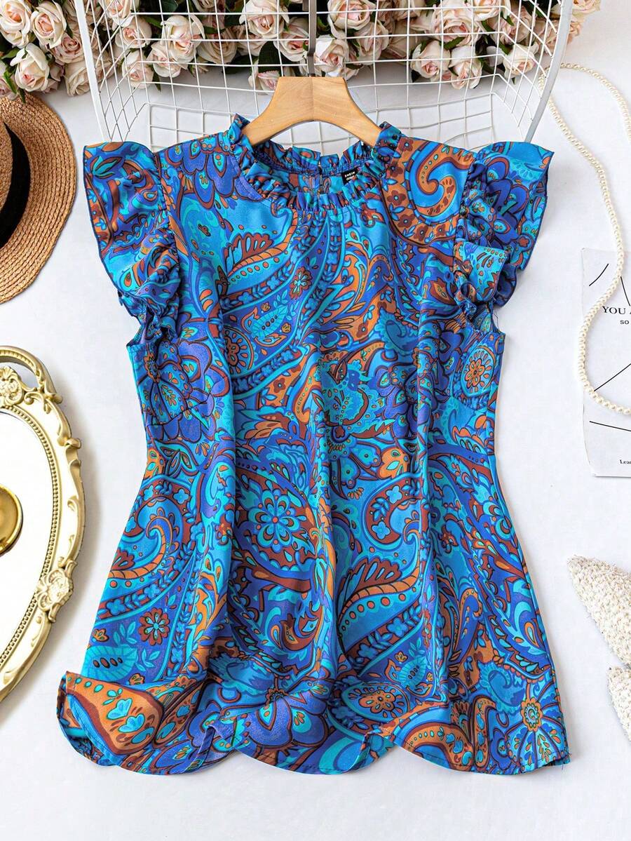 EMERY ROSE Plus Size Women's Sweet Elegant Ruffle Collar Cap Sleeve Ditsy Floral Loose Blouse, Suitable For Vacation And Daily Wear - Blue - View 1
