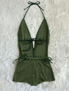 GlowEve Women's Solid Color Lace-Up Design Fashion Halter Neck Knit Romper Beach Olive Green Summer Boho - Army Green - View 2
