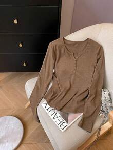 Camiseta de manga larga con cuello de pico casual y decoración de botones de unicolor para mujer - Multicolor 2 - Ver 4