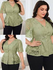 Modelyn Áo sơ mi nữ cỡ lớn cổ chữ V, kiểu dáng thường ngày, đa năng. - màu xanh lá - Xem 1