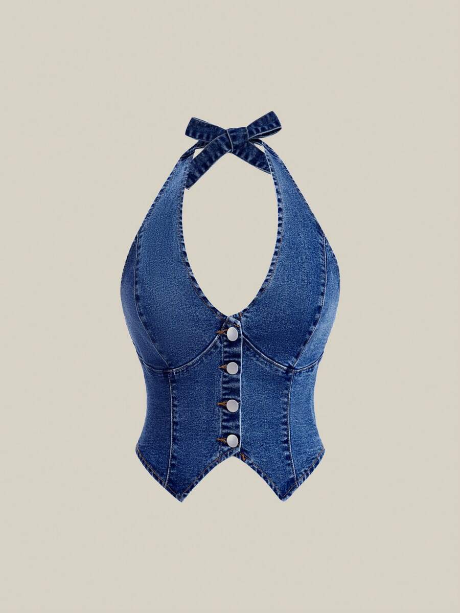 Selenza Women's Single-Breasted Lapel Collar Fitted Denim Shirt - Dark Wash - View 1