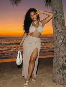 BamGleam Ensemble décontracté d'été pour femmes, tenue de vacances à la plage. Débardeur court sexy à une épaule kaki avec jupe mi-longue - Kaki - Voir 7