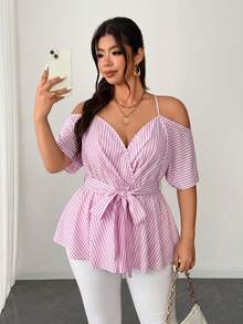 Elenzga Áo kiểu dáng dễ thương, dây mảnh, buộc nơ phía trước, cỡ lớn, kẻ sọc. - Hồng - Xem 6