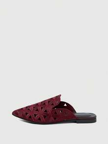 Sleekvia Women's Casual Versatile Commuter Hollow Embroidered Pointed Shoes - Burgundy 2 - View 5