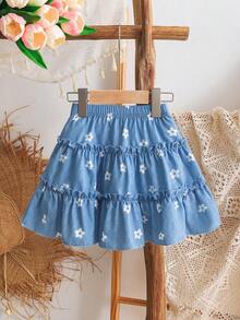 Vintaside Kids Young Girls' Classic Blue Floral Print Ruffled 3-Layer Casual Dress, Suitable For Daily, Party, Vacation, Countryside Style Fashion - Blue - View 5