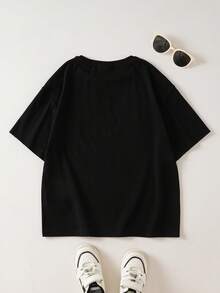 BATMAN X SHEIN Tween Girls' Round Neck Loose Casual Short Sleeve T-Shirt, - Black - View 2