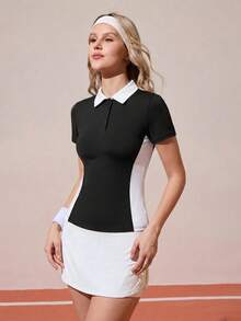 CourtClass CourtClass Women's Contrast Color Polo Collar Short Sleeve Golf Polo Shirt - Black and White - View 4