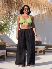 FASHION SZN Pantalon décontracté aspect lin grande taille, pantalon de plage avec lien à l'avant, pantalon élégant grande taille, tenue de vacances, pantalon d'été, pantalon ample, pantalon large, bohème, tenue de festival, pantalon décontracté, tenue de plage et de ville, pantalon grande taille, pantalon grande taille taille mi-haute large, sexy, mignon, port quotidien, maillot de bain, cache-maillot de vacances, pantalon noir grande taille, pantalon de travail bohème de festival avec cordon de serrage, port quotidien - Noir - Voir 3