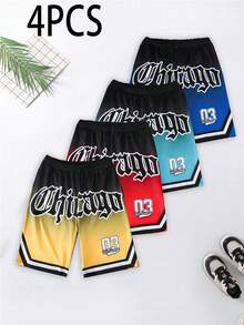 SHEIN Conjunto de 4 peças de shorts casuais esportivos com estampa de letras 3D em degradê, estilo Chicago, para meninos pré-adolescentes. Confortáveis e estilosos, com cintura elástica, laváveis à máquina, ideais para uso diário, atividades ao ar livre e para o verão. - Multicolorido - Ver 3