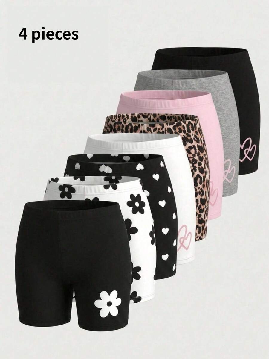 Bộ 4 quần short bé gái, quần dài mùa hè nhẹ nhàng cho trẻ em, họa tiết hoa, trái tim, da báo đa năng, kiểu dáng ngọt ngào và dễ thương, chất liệu vải dệt kim, mềm mại và thoải mái. - Nhiều màu - Xem 1