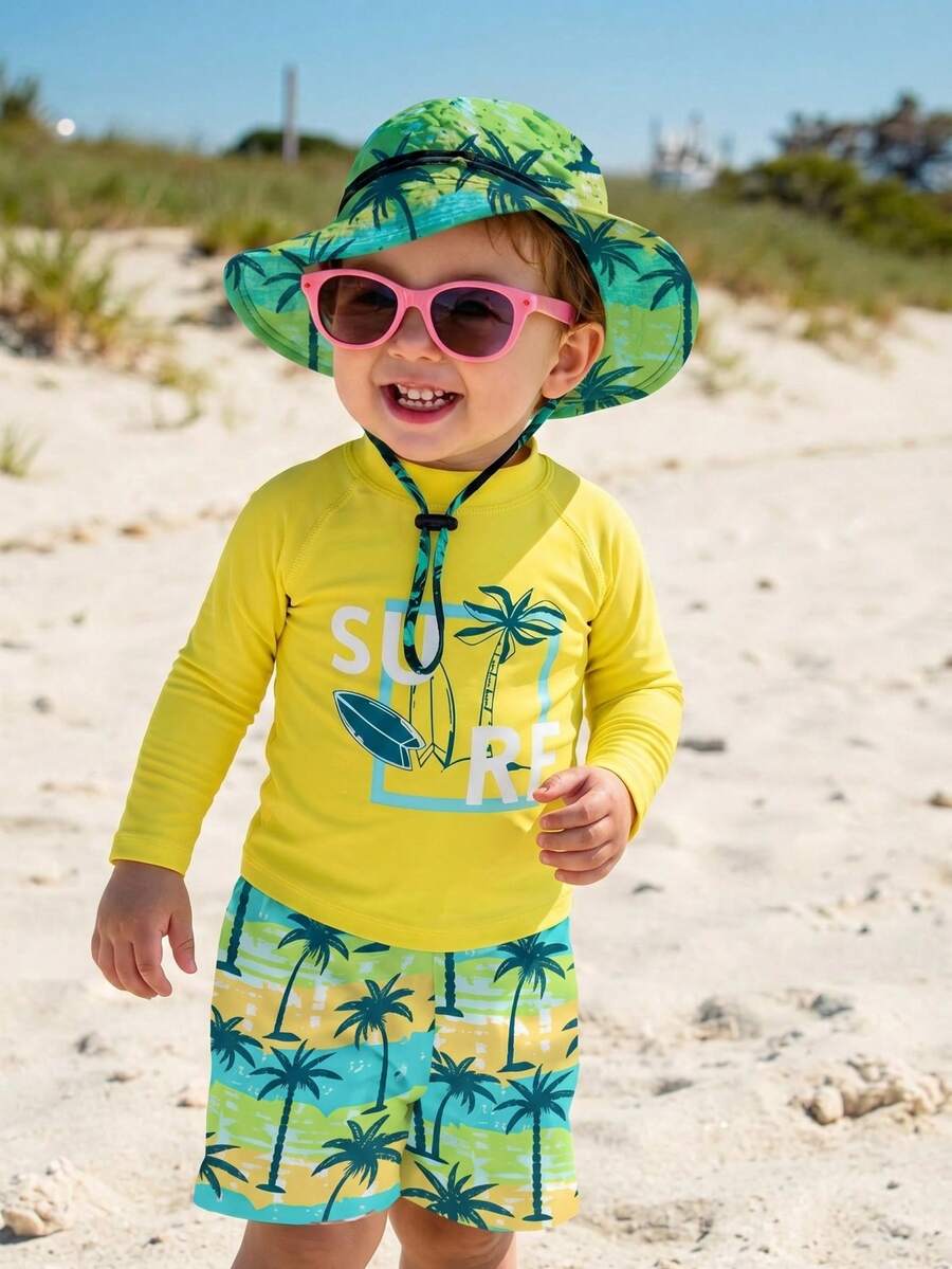 Cozy Pixies 男女宝宝时尚可爱拼接椰树印花长袖防晒泳衣及短裤泳装套装，适合海滩度假游泳 - 黃色 - 查看 1