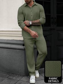 Manfinity Homme Men's Casual Textured Button-Front Long Sleeve Shirt And Pants Set - Army Green - View 3