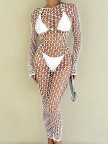 Vestido largo de manga larga romántico y hueco para mujer, nuevo 2026 - Blanco - Ver 3
