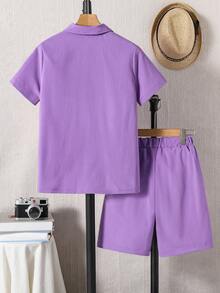 SHEIN Tween Boy Solid Color Short Sleeve Pocket Shirt And Shorts Casual Outfit - Purple - View 2