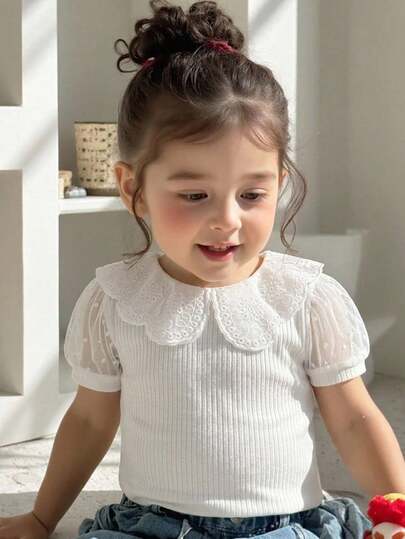 女婴纯色圆领短袖套头衫，百搭舒适