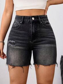 SHEIN Tall Shorts vaqueros rotos de mujer con bolsillos y dobladillo deshilachado, informales - Negro - Ver 3